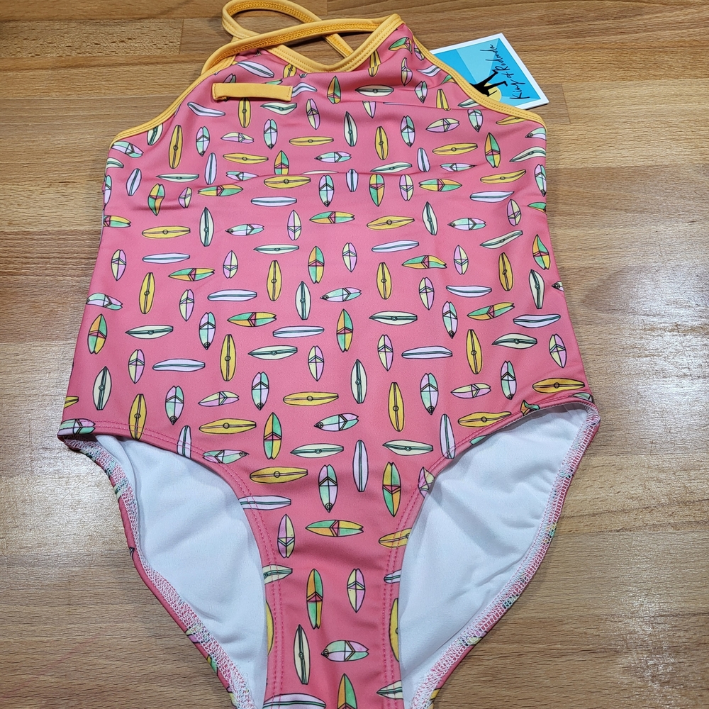 Nwt Girls Size 8 Ayla King Of Redonda Surfboard Print One Piece Swimsuit